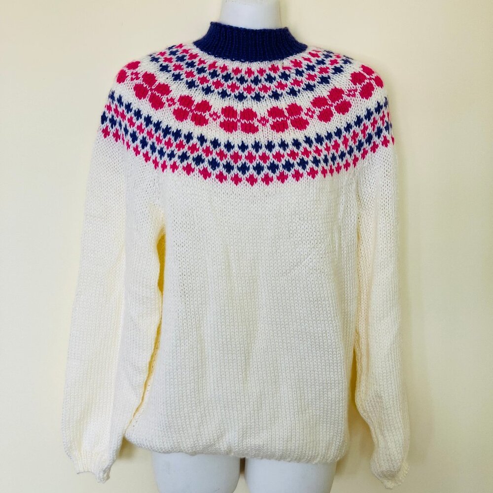 Hand Knit Fair Isle Yoke Pullover Sweater Ivory Acrylic & Pink and Purple Design
